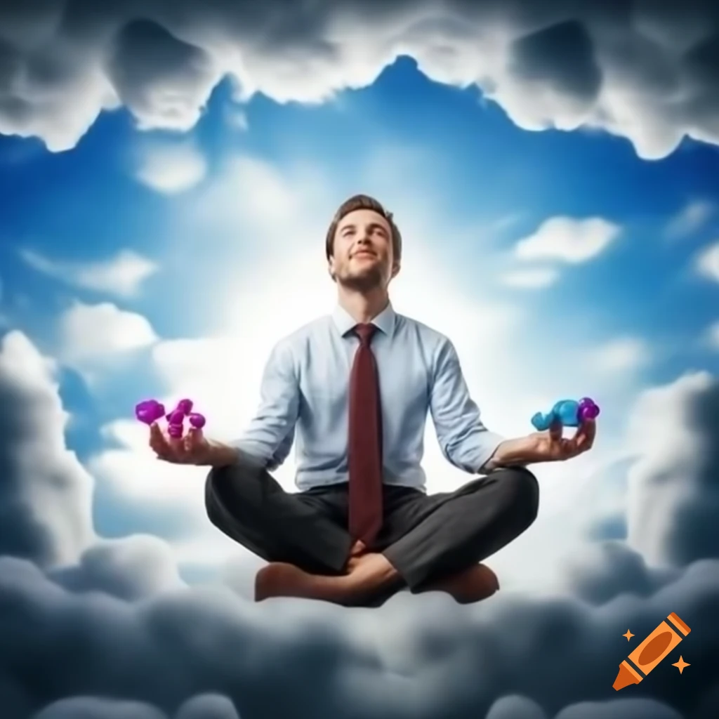 Man in office clothes meditating among bright clouds, holding fidget toys