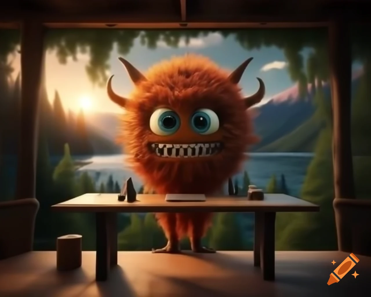 Hyper-realistic orange tree monster with human face in forest setting