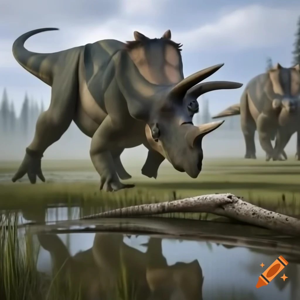 Protoceratops crossing marsh with driftwood in British Columbia morning