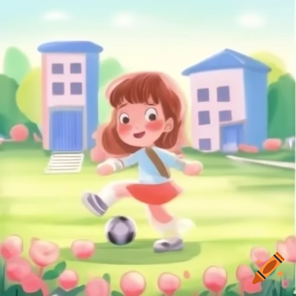 Cute girl with blue eyes and blush holding football surrounded by roses and buildings