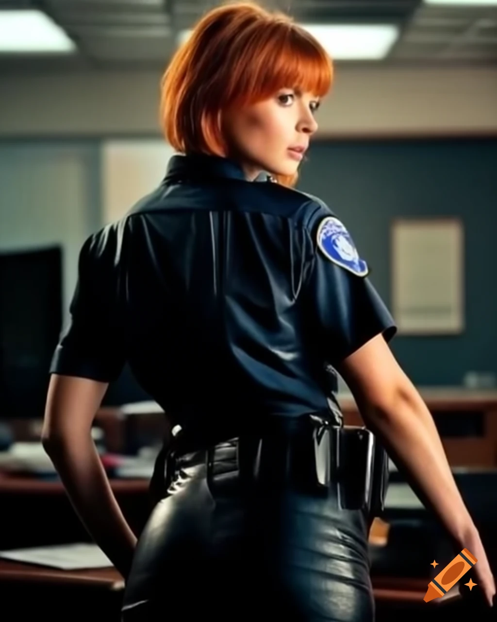 Close-up view of young female French policewoman in uniform in office