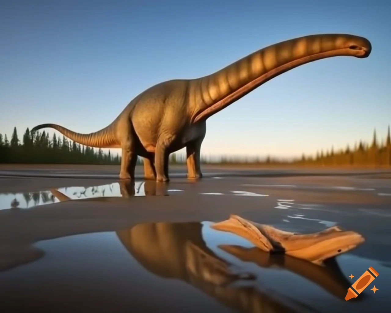Two small Stegosaurus and a large Diplodocus in muddy landscape during golden hour in British Columbia