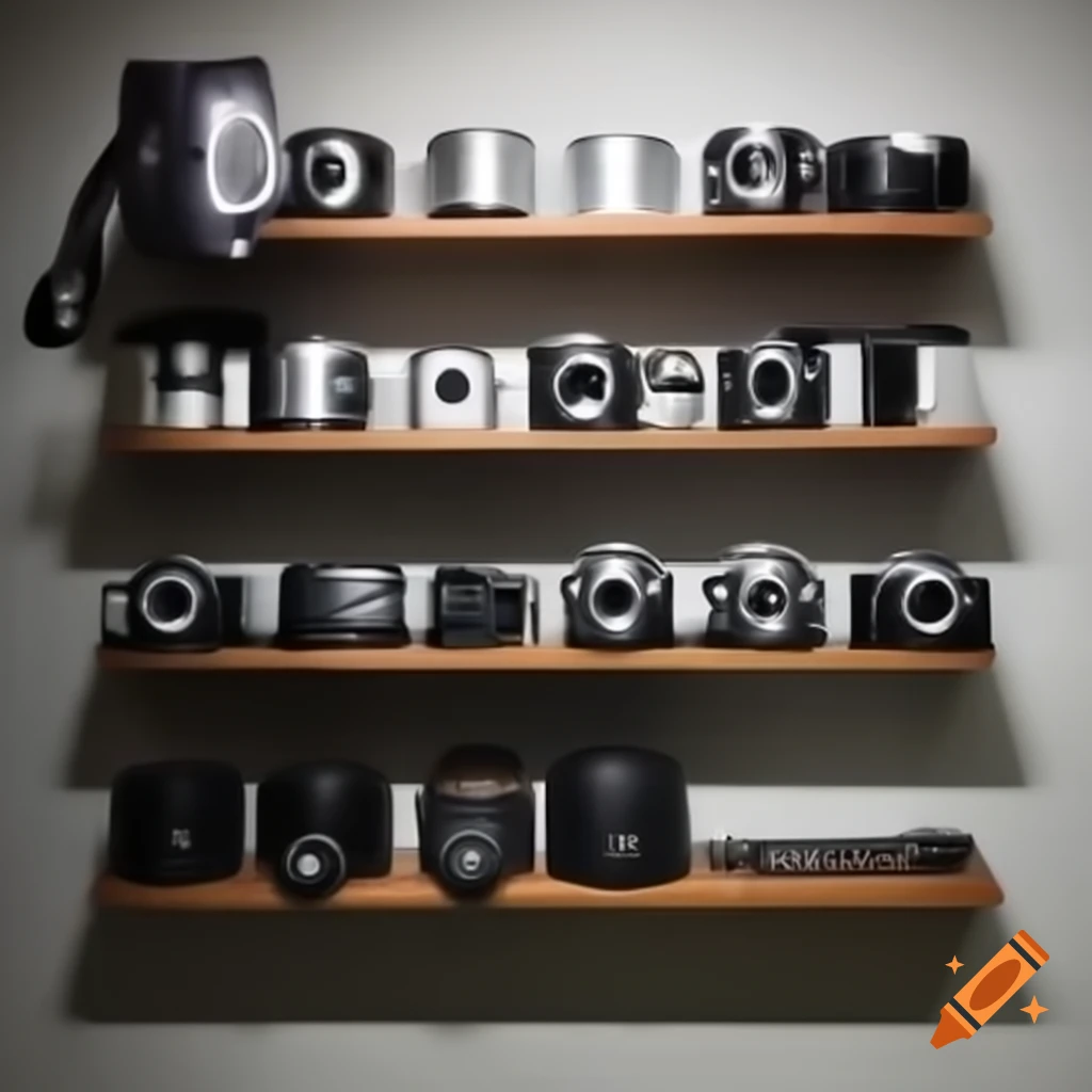 Horizontal shelves displaying photography equipment including cameras and lenses