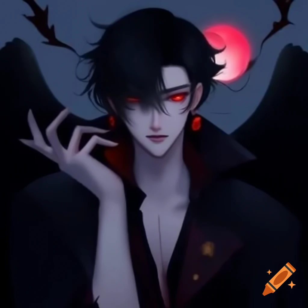 Anime character with black angel wings and red eyes, exuding confidence with a smirk