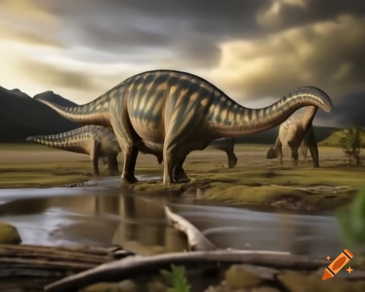 Striped Hadrosaurus roaming a stream in muddy flat with ferns and driftwood