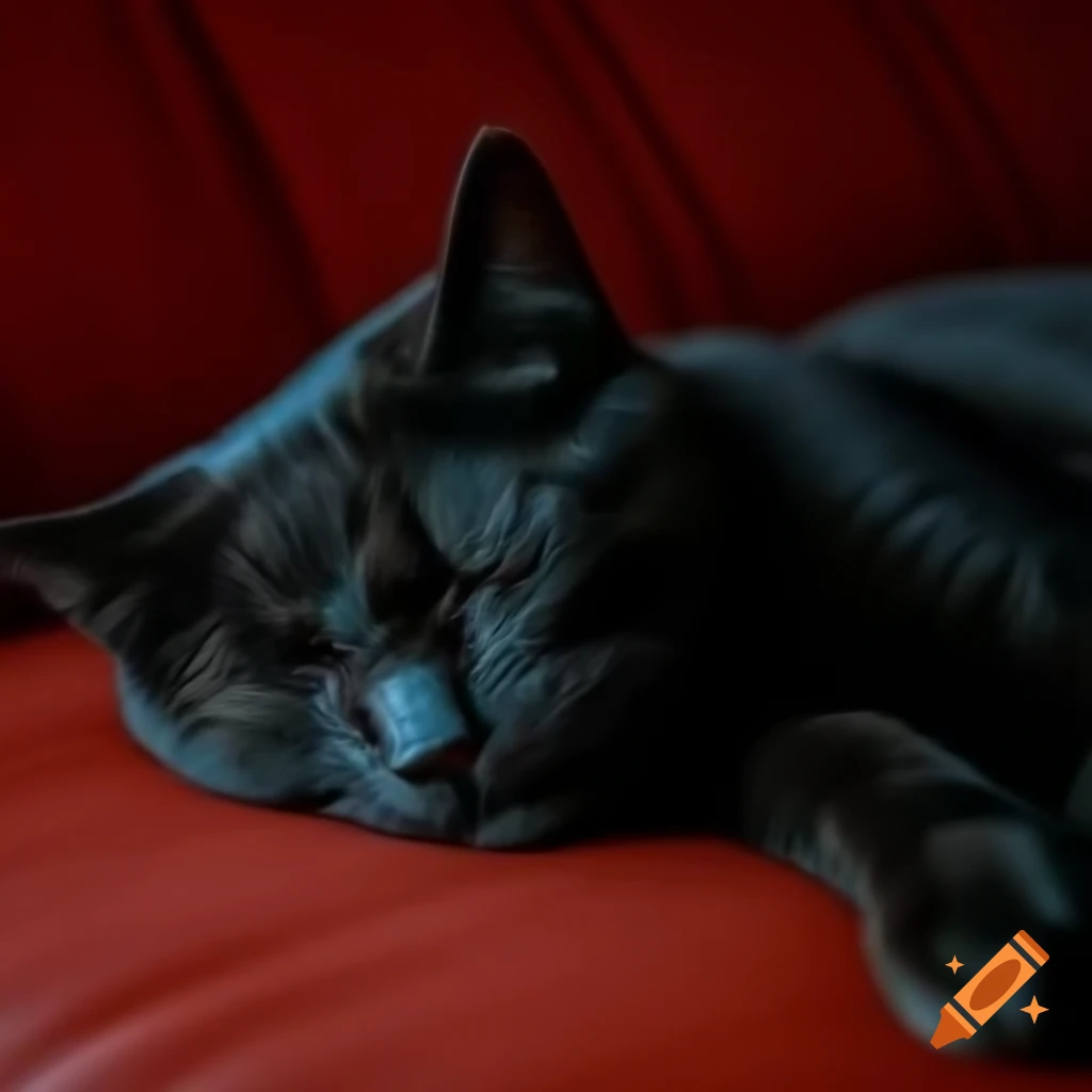 Black cat sleeping on red couch