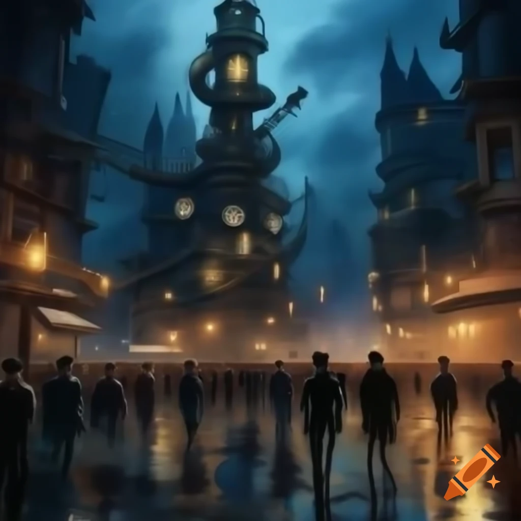 Bustling steampunk metropolis at twilight with brass clockwork and Victorian architecture