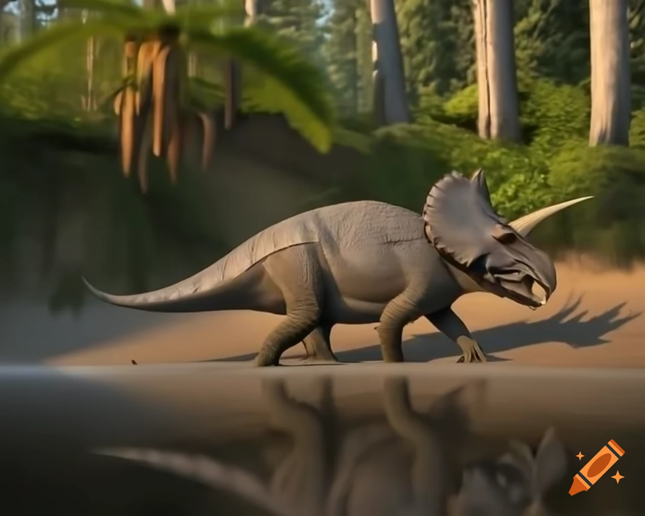 Herd of protoceratops on muddy riverbank with driftwood and ferns at golden hour