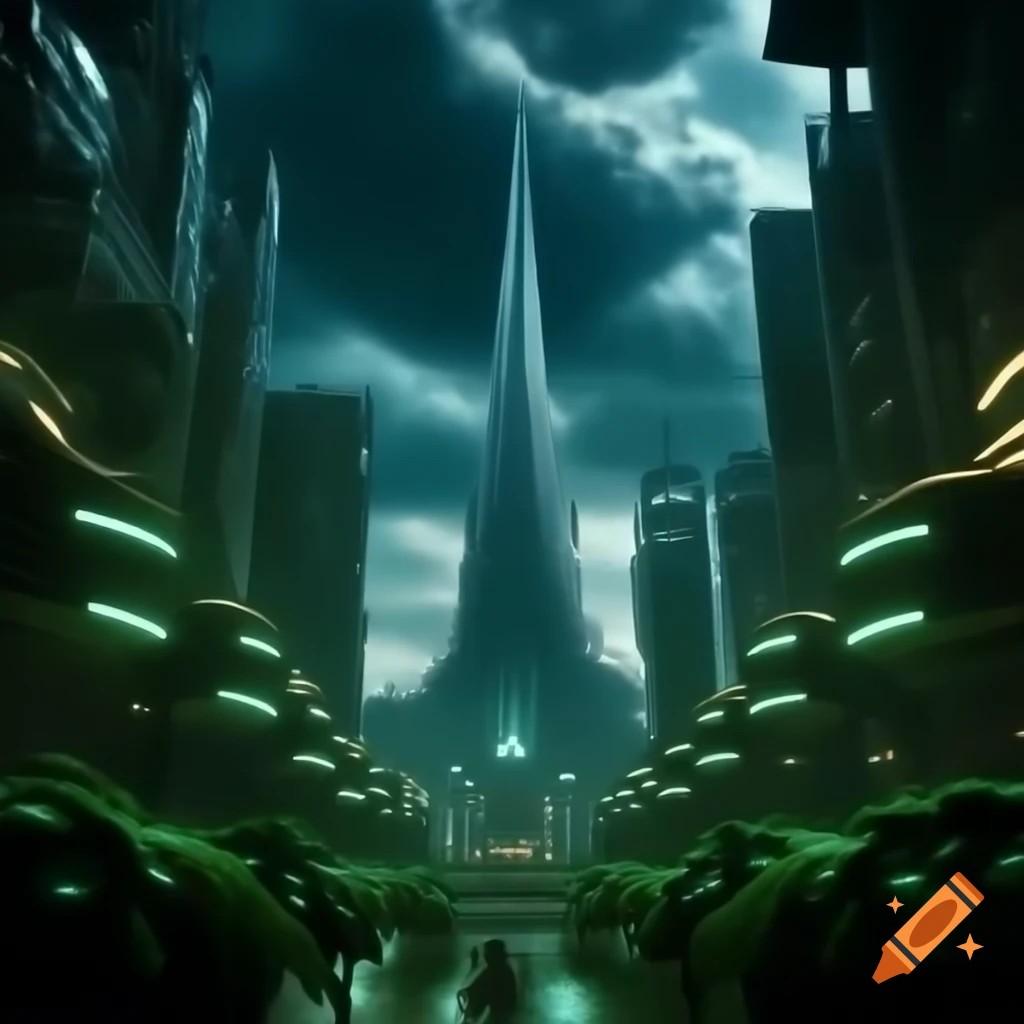 Cyberpunk cityscape featuring a villainous spire, dark clouds, and a giant Greek titan statue