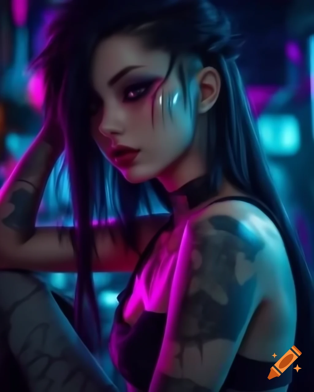 Punk-inspired young woman in dystopic fashion with midriff showing