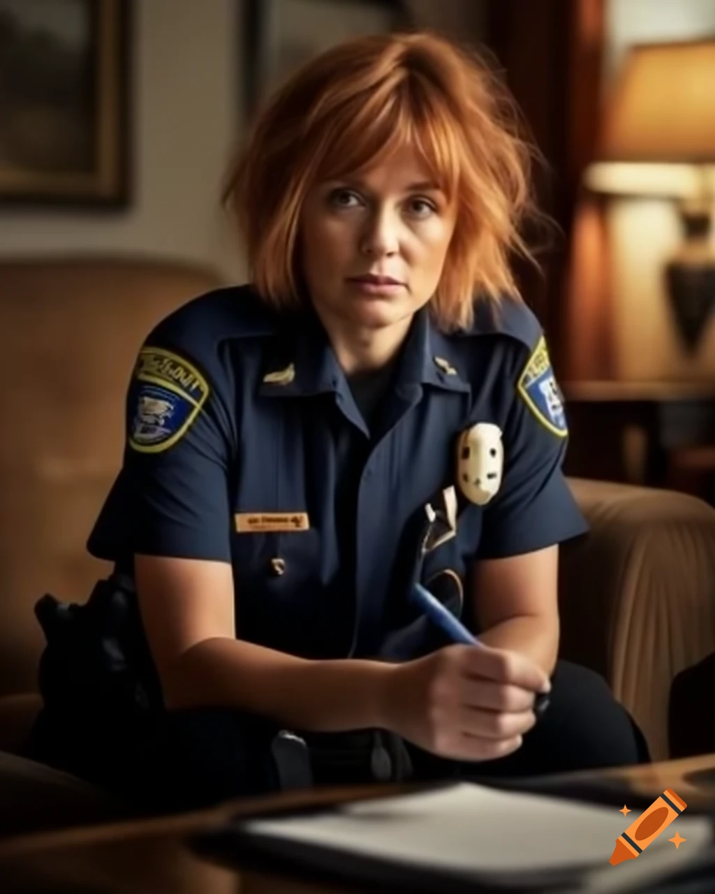 French police officer taking notes at crime scene in dusty living room, hyper-realistic portrait