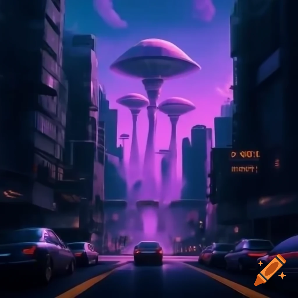 Alien city street scene with violet sky