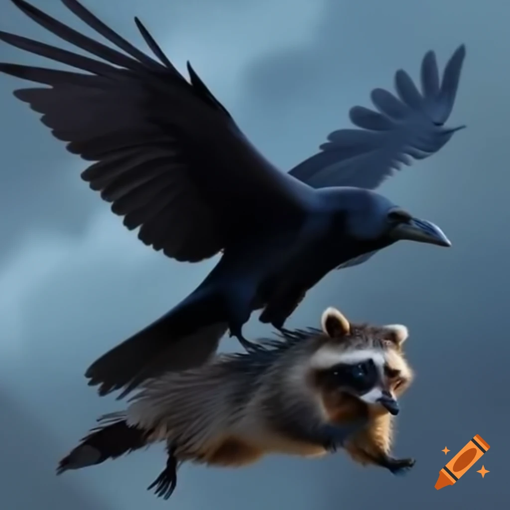 Giant raven flying with a raccoon in its grasp