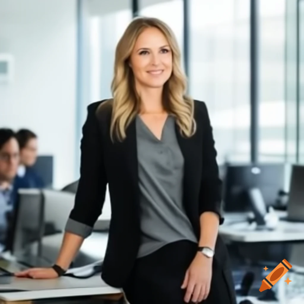 Professional woman in business formal attire working in bright modern office