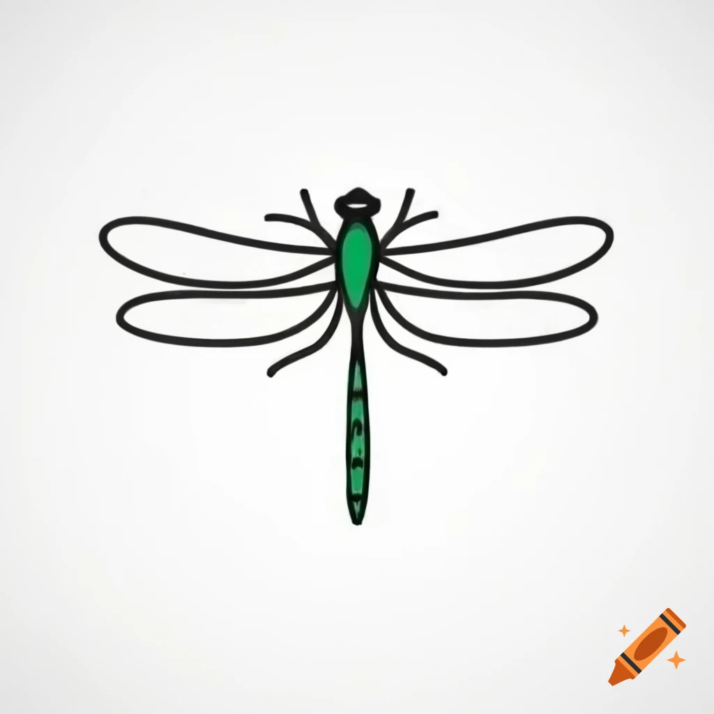 Minimalist black line drawing of dragonfly with orange and green accents on white background