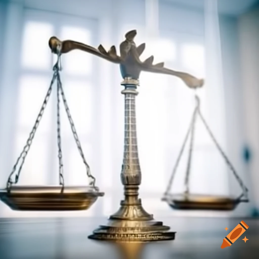 Realistic depiction of justice balance on white background, low angle photography