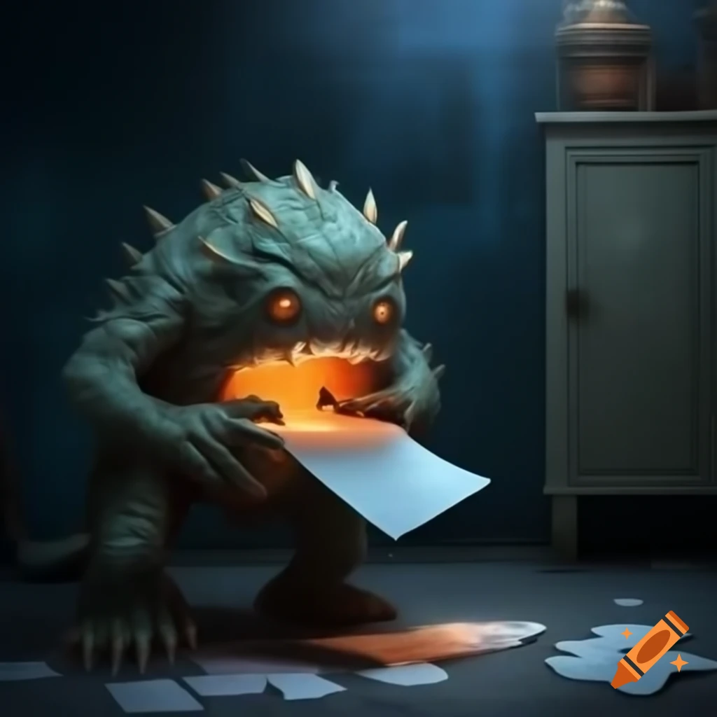 Abstract monster representing Artificial Intelligence at night, eating paper sheets near cupboard of old dossiers