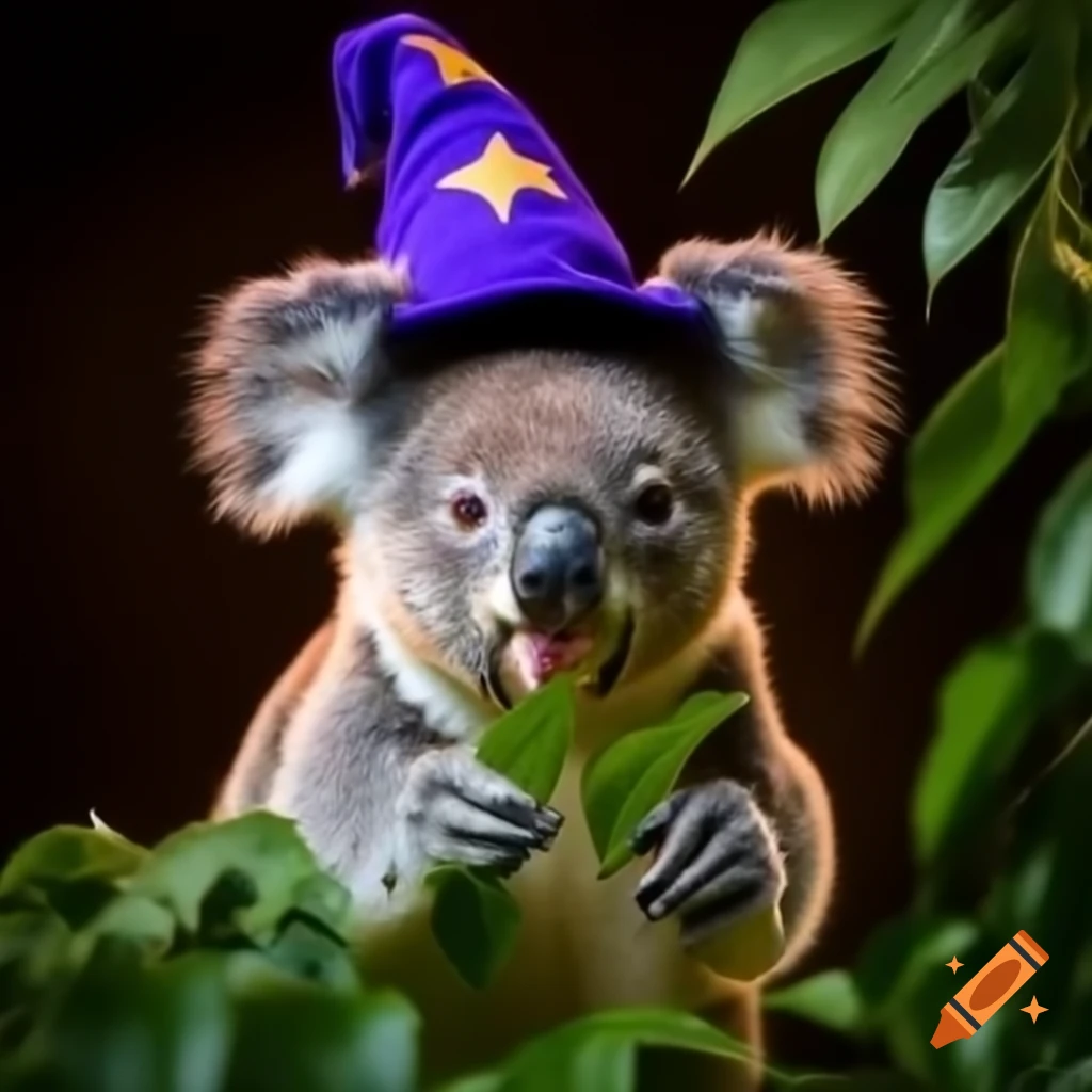Koala eating leaves with a wizard hat