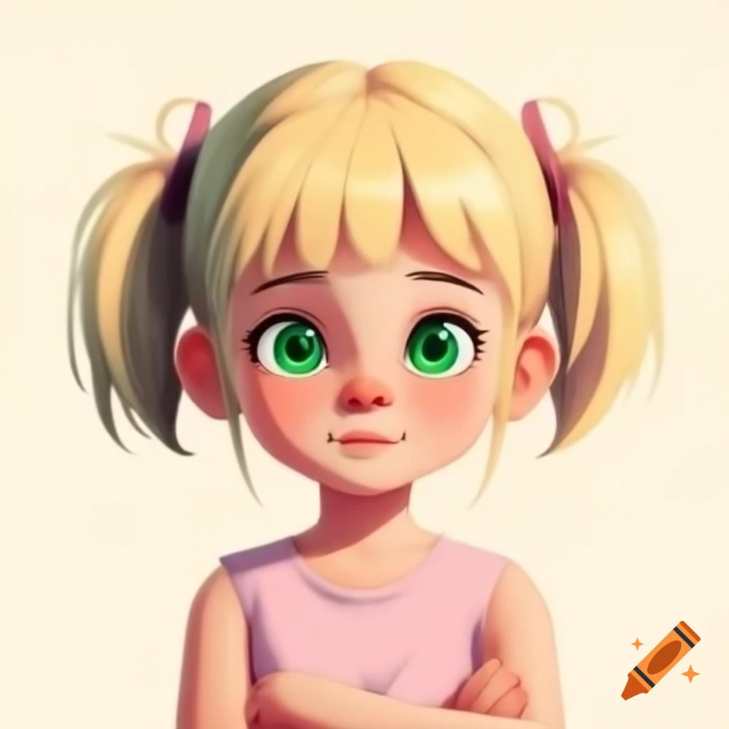 Anime girl with blonde hair and emerald green eyes in a pink sleeveless t-shirt
