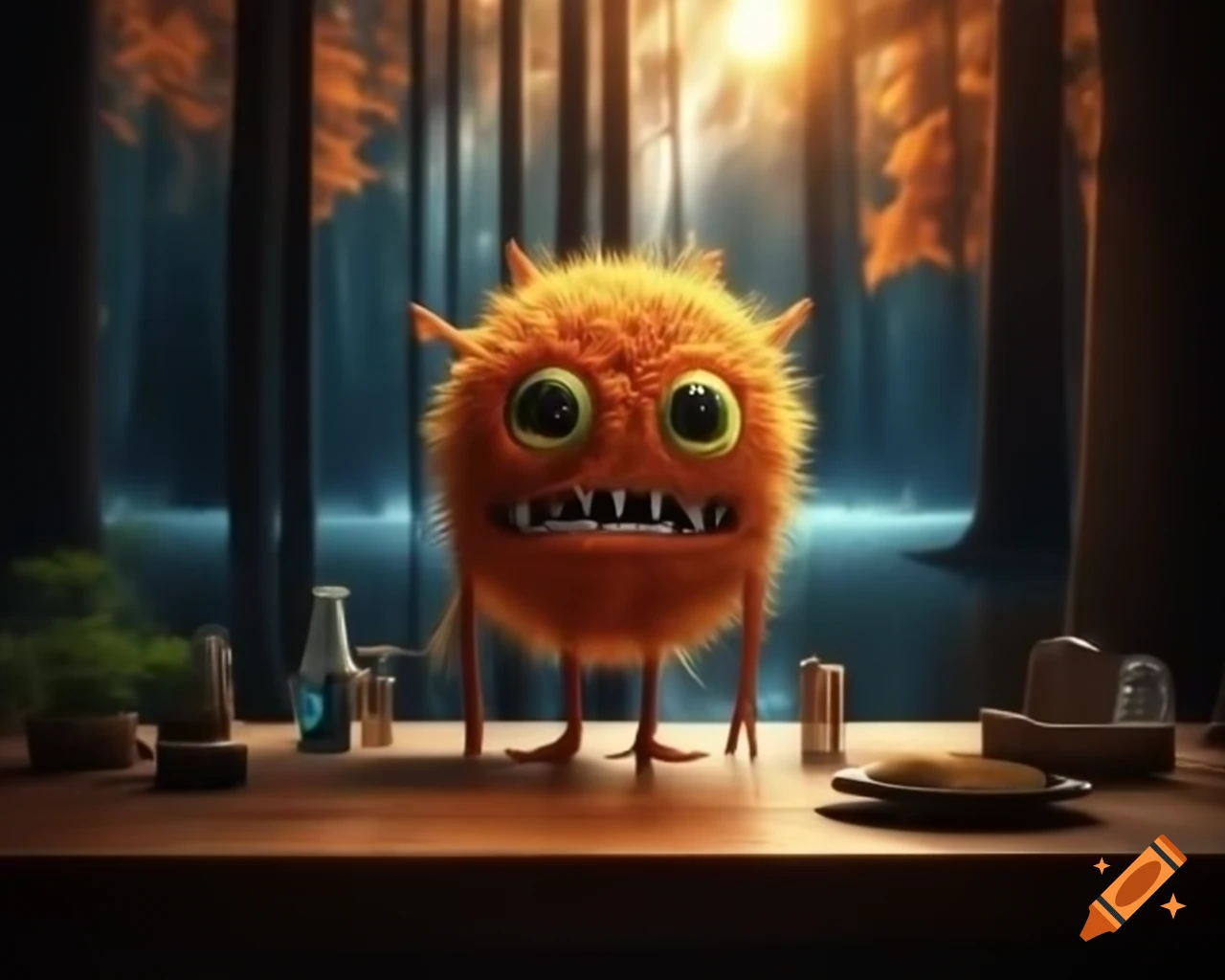 Hyper-realistic orange tree monster with human face in forest setting