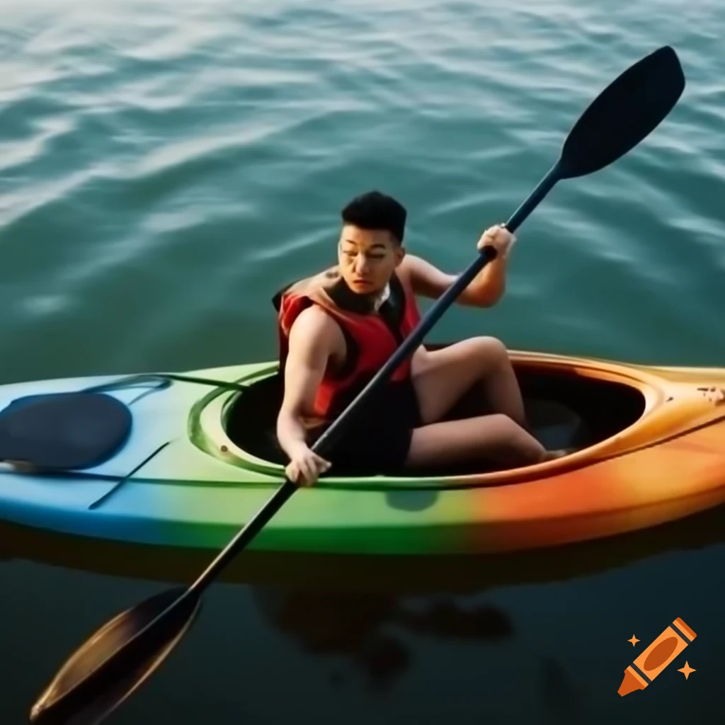 Asian man kayaking on water