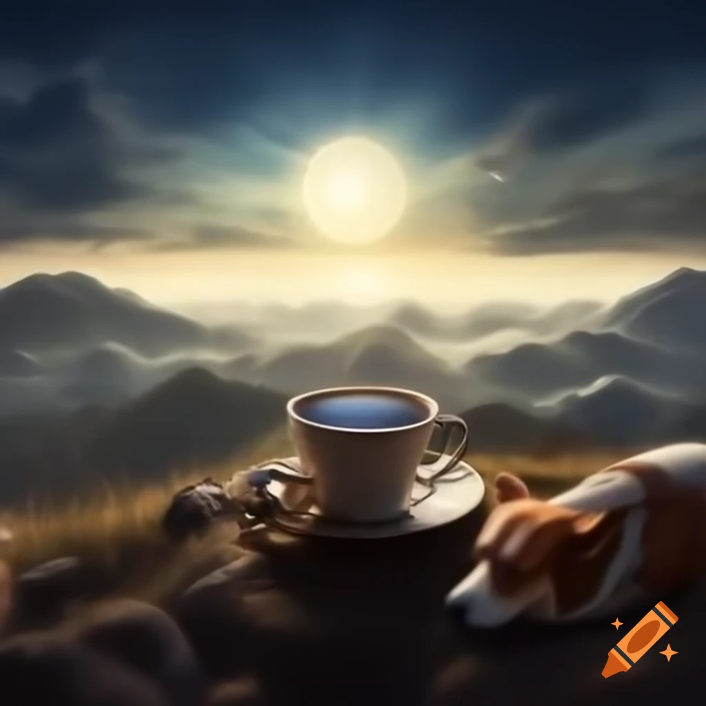 Cup of tea illuminated by sunlight on mountain with corgi nearby