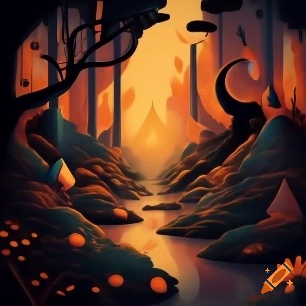 Enchanting Art Deco scene of mystical forest at twilight with geometric trees