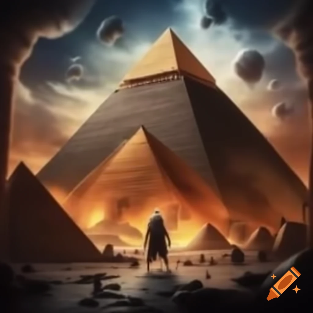 Aliens building the pyramids in a surreal landscape