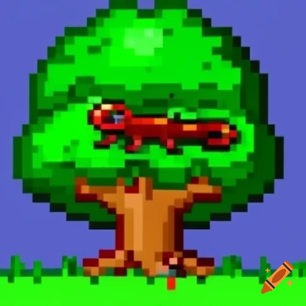 Pixel art tree with pixel salamander wrapped around it