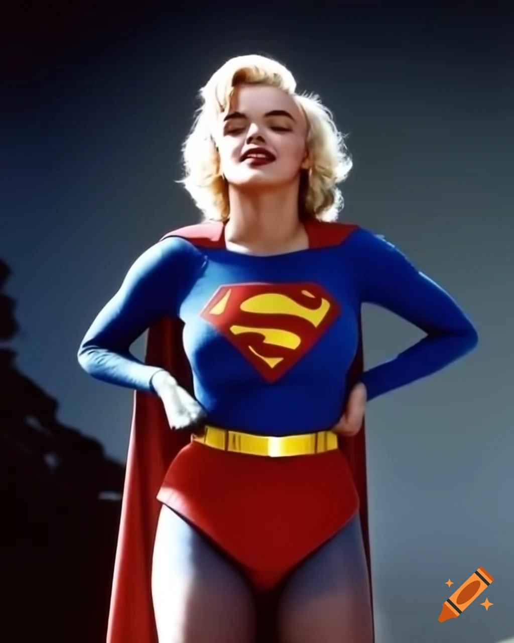 Marilyn Monroe depicted as Supergirl standing confidently