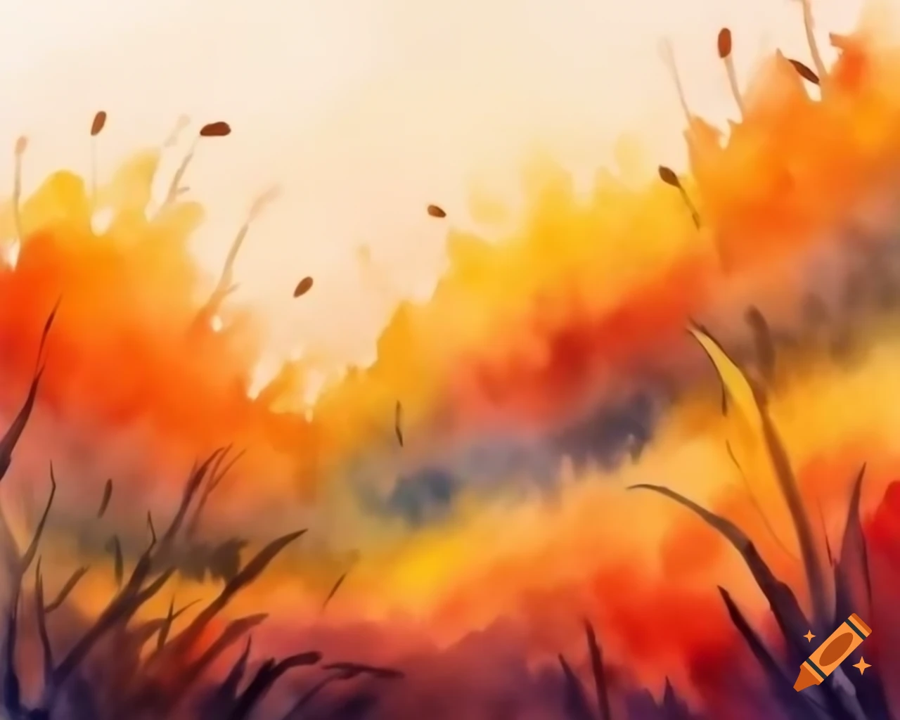 Watercolor autumn vegetation in vibrant rainbow shades, storybook style
