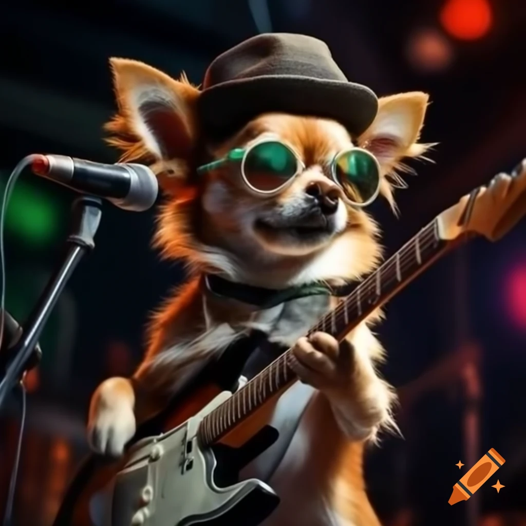 Chihuahua lead singer with guitar and aviator glasses in a Lovecraftian rock scene
