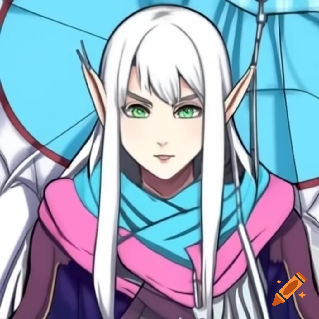 Mystical half-elf sorcerer with silver hair and pink stripe in serene light blue tent encampment