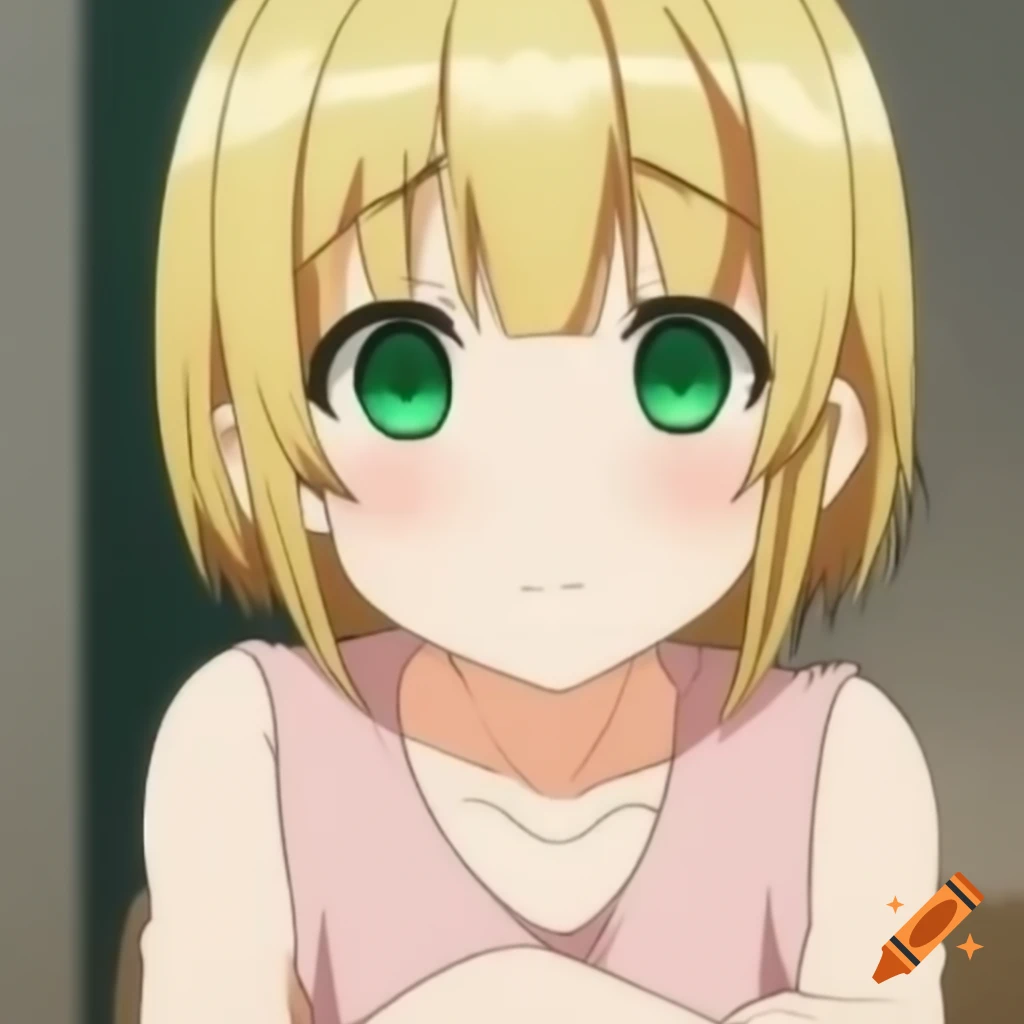 Anime girl with blonde hair and dark green eyes in light pink t-shirt