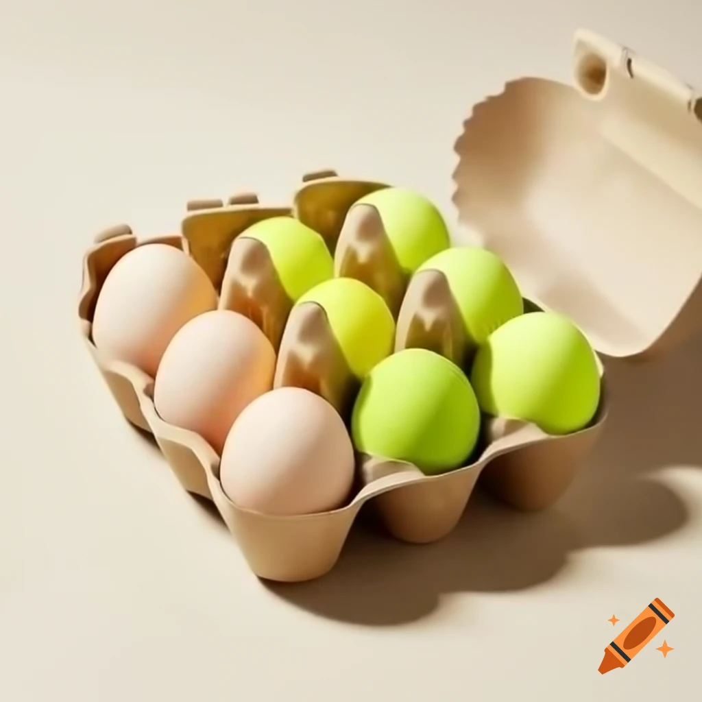 Cardboard egg carton containing six green tennis balls