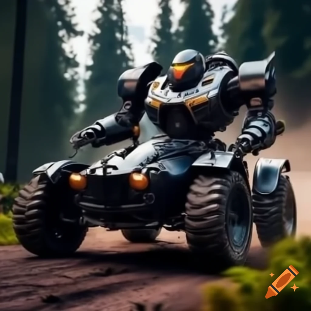 Black armored robot knight driving sports car through forest