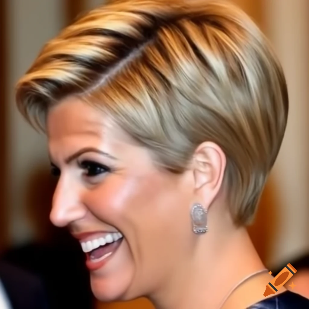 Queen Maxima showcasing a short pixie haircut with clippered nape and centre parting