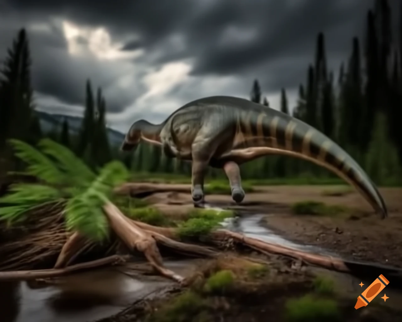 Striped Hadrosaurus roaming near stream and mudflat with ferns in British Columbia