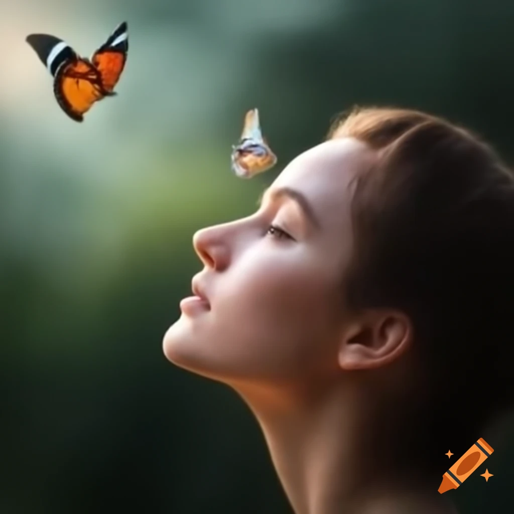 Young woman profile gazing at butterfly in flight