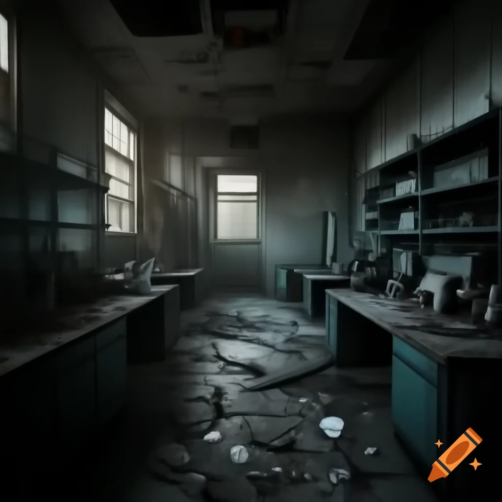 Abandoned laboratory with broken equipment and peeling walls