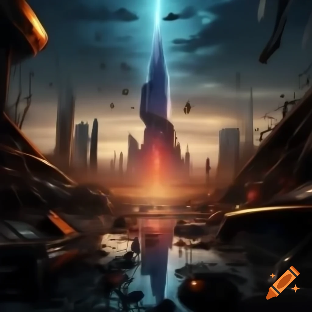 Desolate cityscape in post-apocalyptic world with nature reclaiming civilization
