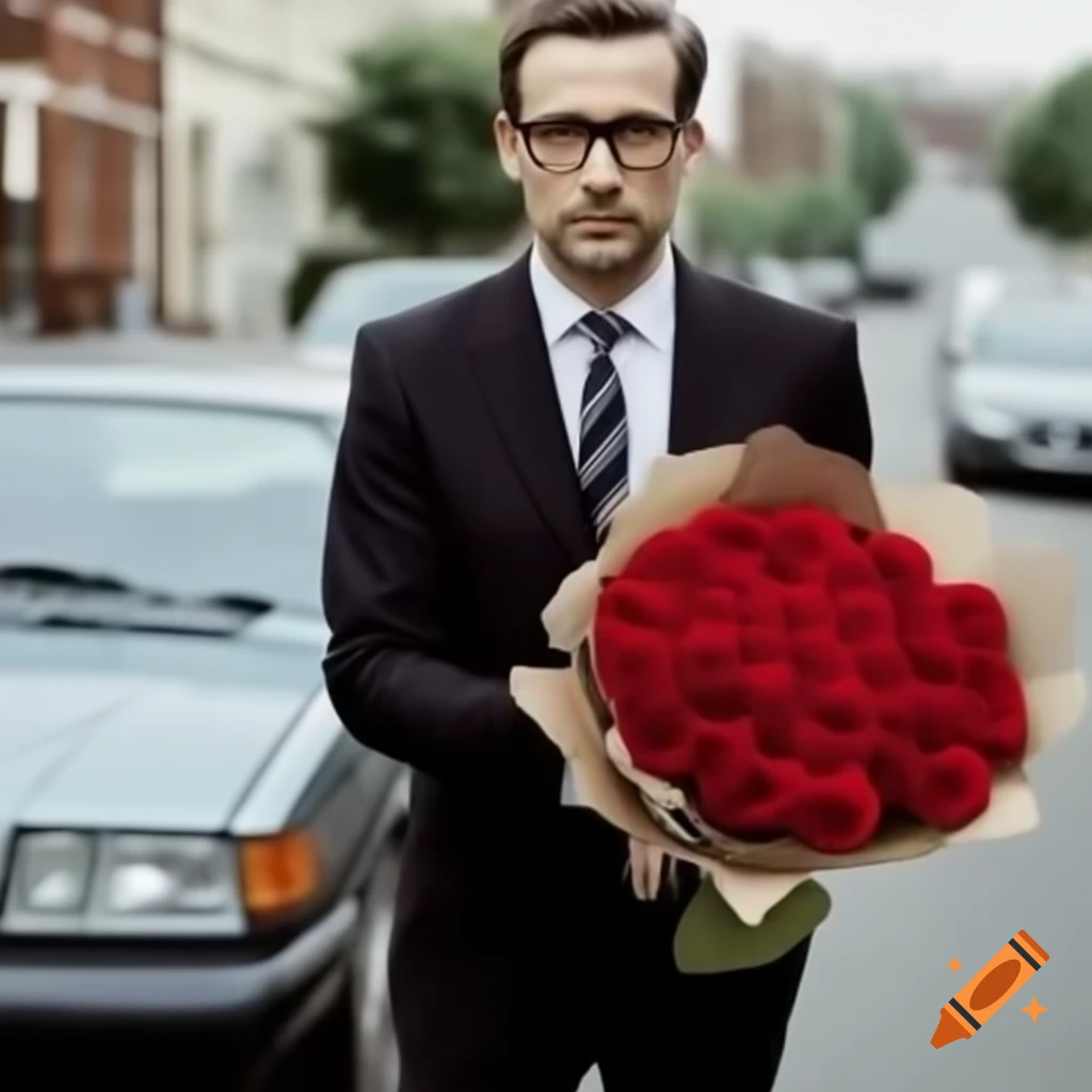 Man in business suit holding bouquet of roses on street with car in background
