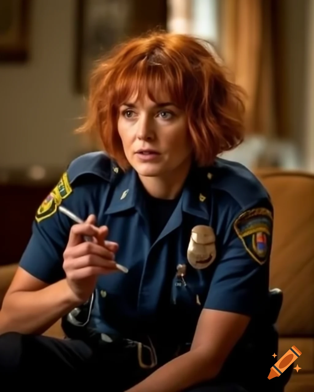 French female police officer with ginger hair smoking cigarette at crime scene in dusty living room