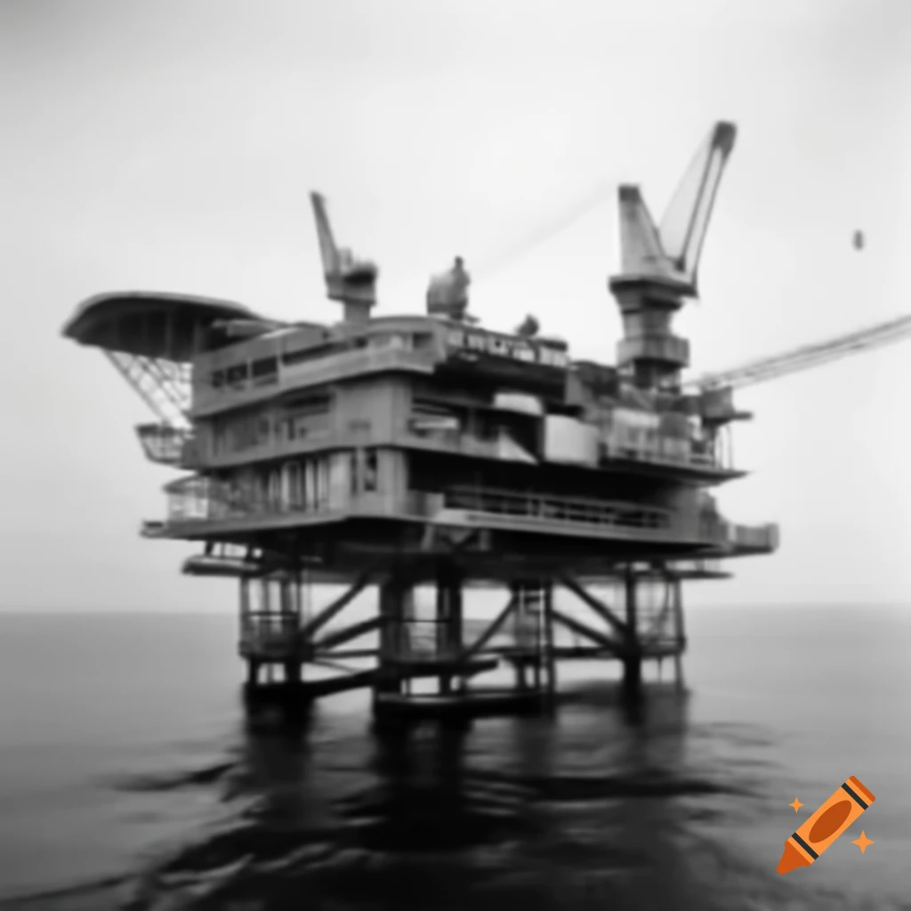 Beira D offshore oil platforms in North Sea, historical scene from 1965
