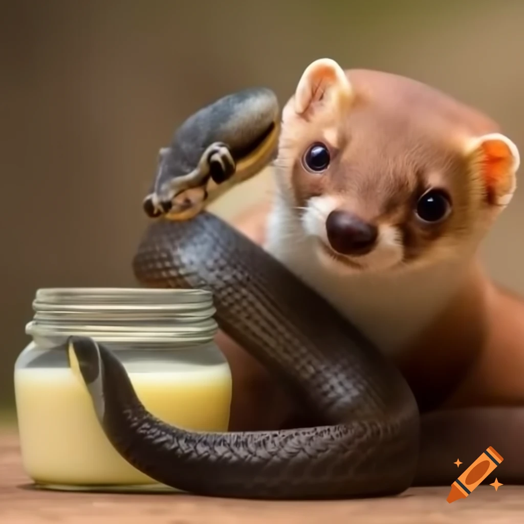 Stoat and black snake sharing a jar of mayonnaise