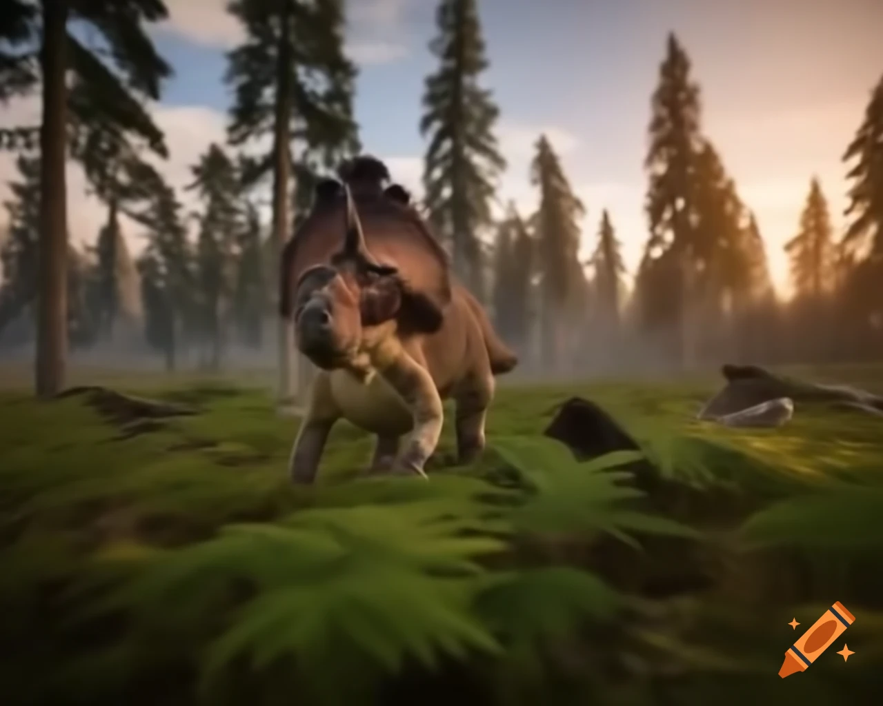 Herd of protoceratops crossing bracken field under golden hour sunlight
