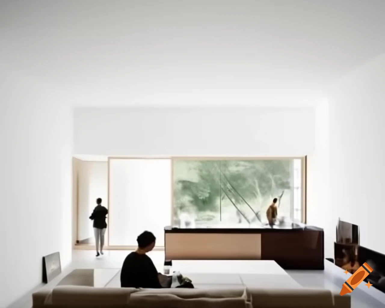 Modern minimalist interior living room with large window and central island kitchen