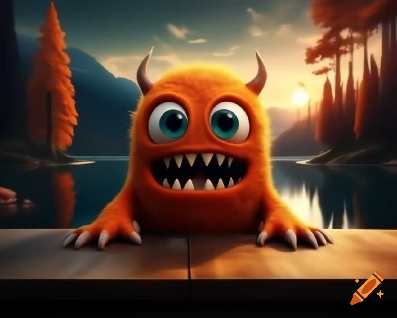 Photorealistic orange monster with human face sitting on wooden table in forest