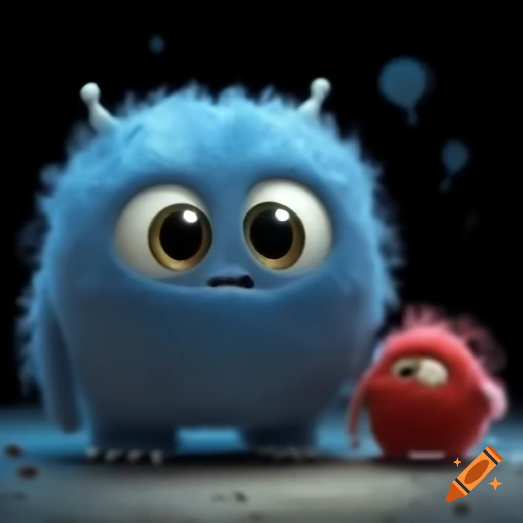 Blue cloudy creature with happy eyes and small red hairy creature with loving eyes looking at each other