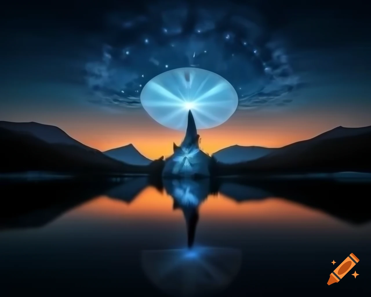 Photorealistic landscape of mountain lake with island and lemon monster sculpture